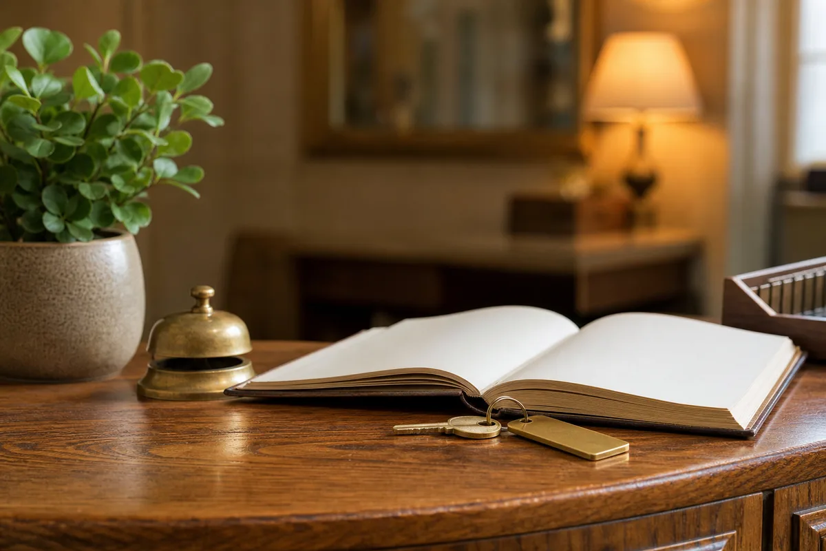 Comptoir de réception d’un petit hôtel avec un carnet de réservation ouvert