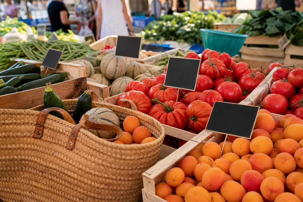 Étal de marché provençal avec fruits et légumes de saison en plein air