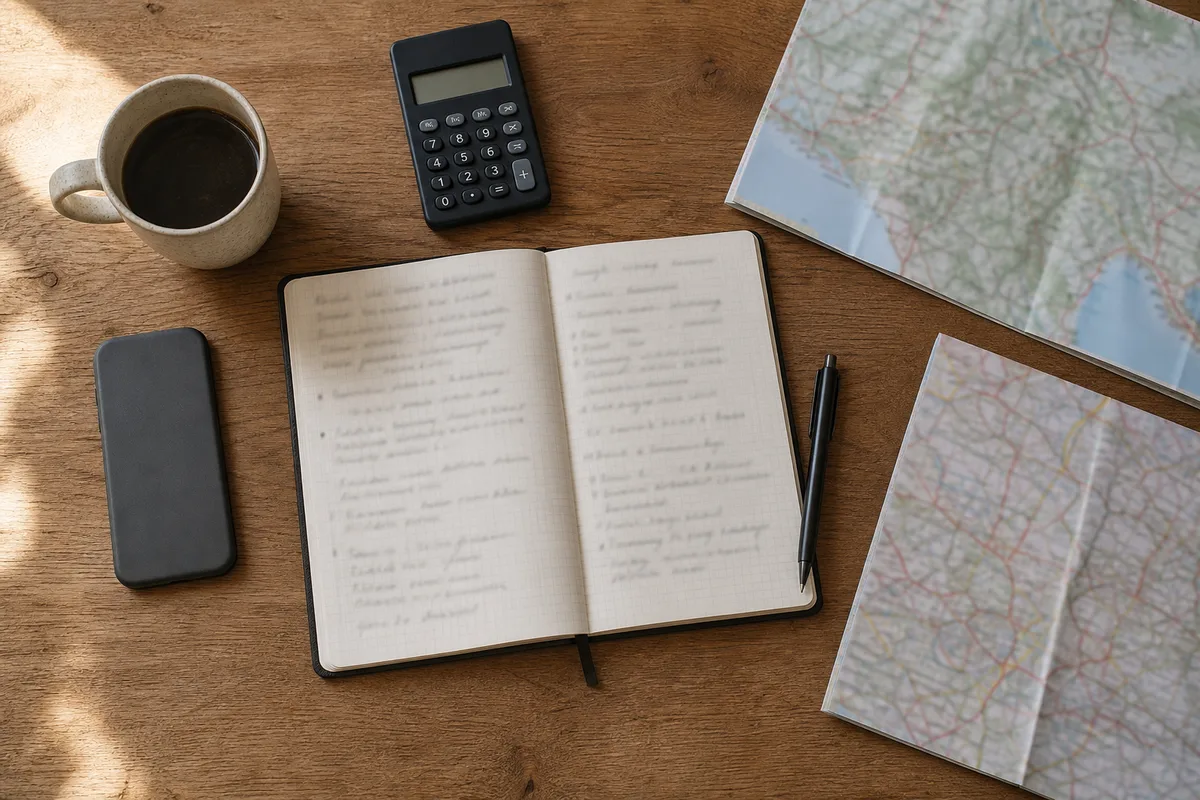 Carnet de voyage ouvert avec calculatrice et cartes routières sur une table en bois