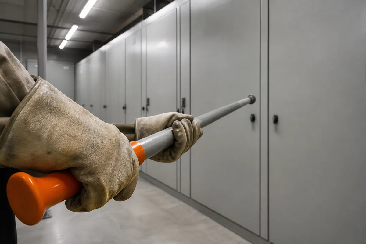 Mains gantées manœuvrant un levier isolé devant des armoires électriques fermées
