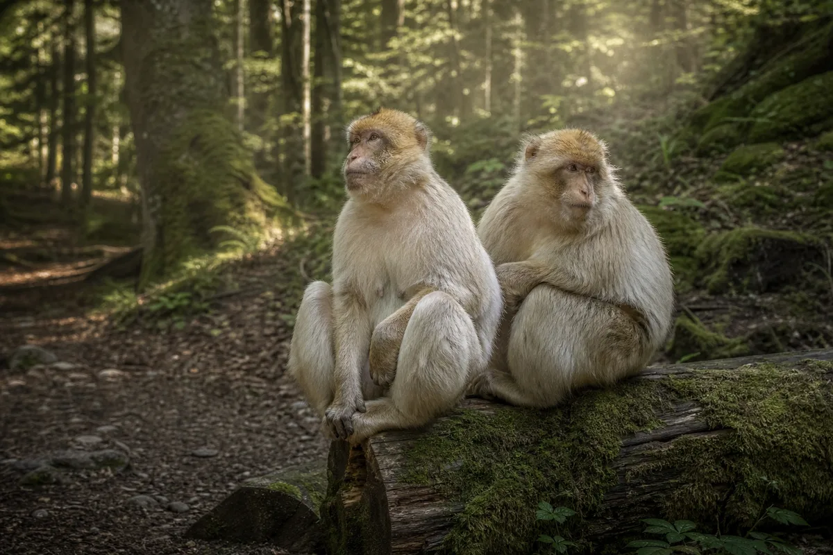 Macaques de Barbarie en liberté sur un sentier forestier en Alsace