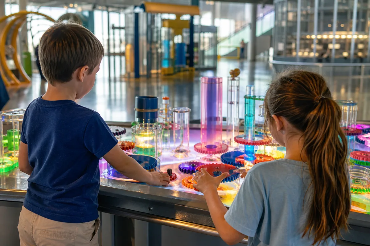 Enfants manipulant une expérience scientifique interactive dans un centre de découverte