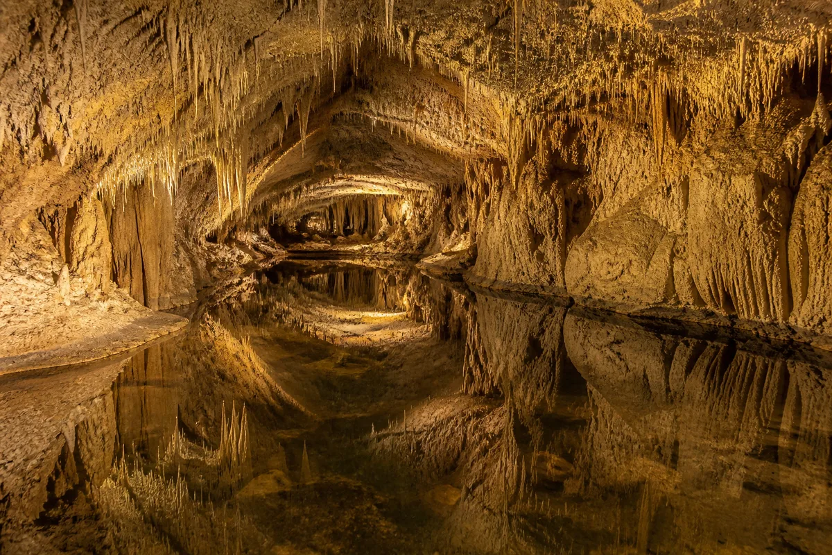 Galerie souterraine aux fines stalactites au-dessus d&rsquo;un plan d&rsquo;eau immobile